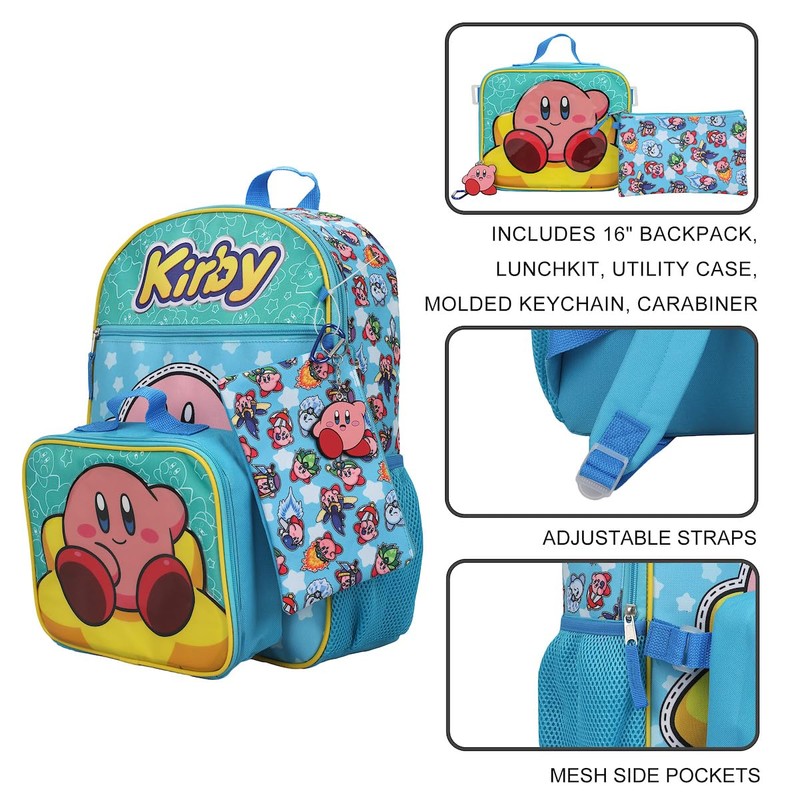 Kirby 5-Piece Set: 16 Backpack, Lunchbox, Utility Case, Rubber Keychain,