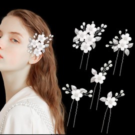 Landrain 5 Stück Silber U-Förmig Blumen Perlen Haarnadeln Braut Haarschmuck Hochzeit