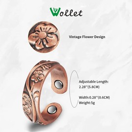 Wollet Copper Magnetic Rings for Women Men, Magnetic Ring with Magnets, Vintage Flower Jewelry Gift