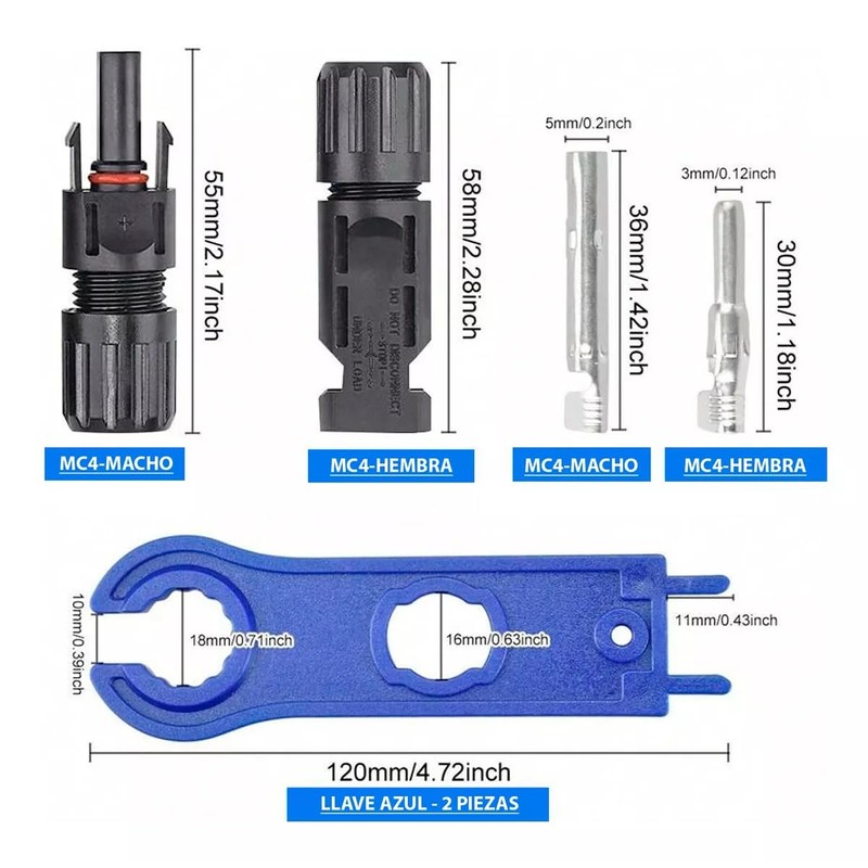 40 Pares Conectores Solares Macho - Hembra MC4 con Llave