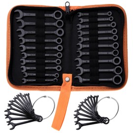 LEONTOOL Mini Wrench Set Metric and SAE 20-Piece Ignition Wrench Set, 4mm-11mm & 5/32"-7/16" Open End and Box End Combination Wrench Kit Super Thin Small Spanner with Zipper Bag and Key Ring, Black