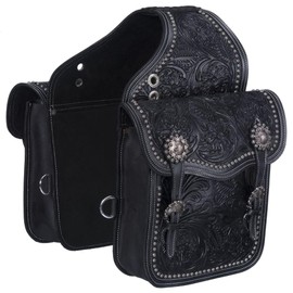 Leather Floral and Oak Leaf Tooled Saddle Bag - Black