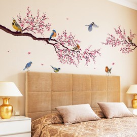 LOONELO Cherry Blossom Wall Decals, Double-Sided Sakura & Birds Spring Summer Removable Window Clings, Peel and Stick Glass Stickers for Bedroom, Living Room, Kitchen, Office Home Decor
