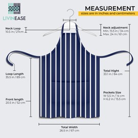 LivinEase Unisex Adjustable Bib Aprons - Stylish Navy with White Stripes Chef Aprons with Double Pockets for Men and Women – Ideal for Cooking, Gardening, and Barbecue Aprons (Pack of 1)