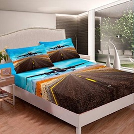 Feelyou Boys Fitted Sheet Twin Size for Kids Children Teens Aviation Aircraft Runway Bedding Set 3D Airplane Bed Sheet Set with 1Pillow Shams Ultra Soft Microfiber Bed Cover 2 Pcs (No Flat Sheet)
