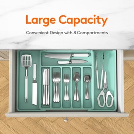 Lifewit Silverware Drawer Organizer, Expandable Utensil Tray for Kitchen, BPA Free Flatware and Cutlery Holder, Adjustable Plastic Storage for Spoons Forks Knives, Large, Turquoise