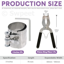 Swpeet 3Pcs 3 Inch Stainless Steel Piston Ring Compressor and Adjustable Piston Installation Tool Installer Removal Pliers with Wrench Assortment Kit Perfect for Car Engine