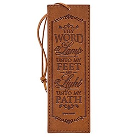 Christian Art Gifts Toffee Brown Faux Leather Bookmark: Thy Word is a Lamp Unto My Feet - Psalm 119:105 Inspirational Bible Verse with Cord