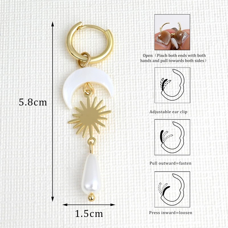 Pearl and Gold Sun Moon Drop Earrings, Shell Crescent Dangle