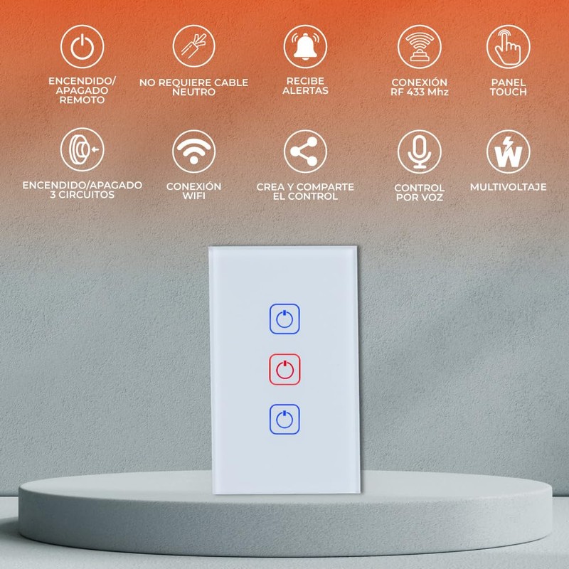 Tecnolite Connect - Apagador Inteligente Táctil WiFi 3 Circuitos, Sin