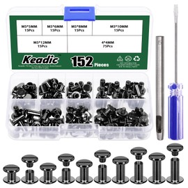 Keadic 152Pcs 5 Sizes Chicago Screws Assortment Set with Setting Tool, M5 x 5/6/8/10/12mm Flat Head Leather Rivets, Bookbinding Posts Nail Studs for Purse Collar Belt Shoes DIY (Gun-metal)