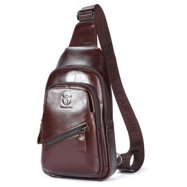 BULLCAPTAIN Mens Leather Sling Crossbody Bag Casual Travel Chest Bags Backpacks with USB Charging Port (Brown)