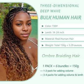 Boho Hair for Braiding 6 Bundles/Pack Ombre Braiding Hair 150g 20 Inch Deep Wave Bulk Human Hair for Braiding 12A Boho Braids Human Hair Bundles Auburn Ginger T30# Wet and Wavy Braiding Hair