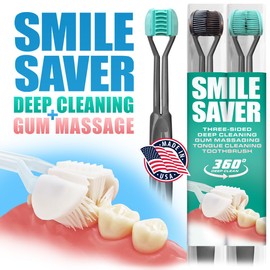 SMILE SAVER 360° Deep Clean 3-Sided Toothbrush | 2-Pack | Deep Cleaning + Gentle Gum Massage + Tongue Cleaner | Adults Children Braces Travel Gift Kids (Black & Teal - Charcoal Handles)