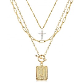 MJartoria Layered Initial Necklaces for Women Trendy, 14K Gold Plated Simple Cross Choker Square Letter Pendant Necklace, Paperclip Chain Necklace, Gold Necklaces Jewelry Gifts (J, Gold)