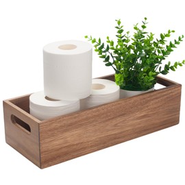 Toilet Tank Basket, Toilet Paper Basket for Back of Toilet Tank Top, Acacia Wood Bathroom Storage Basket for Organizing and Decor (15 x 6 x 4 inch)