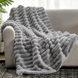 Cozy Bliss Faux Fur Throw Blanket for Couch, Cozy Warm Plush Striped Blanket for Sofa Bedroom Living Room,50 * 60 Inches Grey