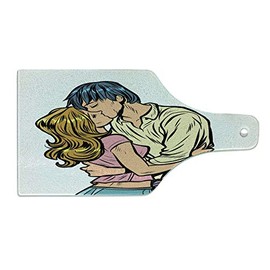 Ambesonne Kissing Cutting Board, Valentine Themed Comic Book Illustration of Young Amorous Couple on Plain Backdrop, Decorative Tempered Glass Cutting and Serving Board, Wine Bottle Shape, Multicolor