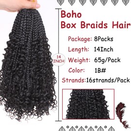 Beverlee 14 Inch 8 Packs Boho Box Braids Goddess Box Braids Crochet Hair Bohemian Hippie Braids Braiding Hair Box Braids with Curly Ends Messy Pre-looped Synthetic Crochet Hair for Black Women 128 Strands 1B#