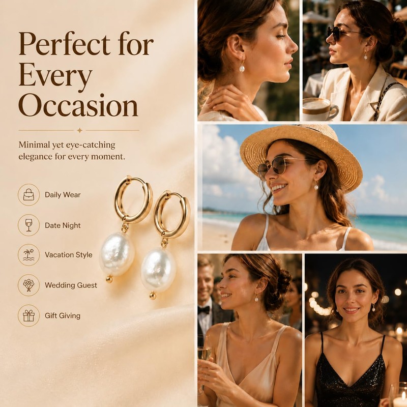 NUZON Baroque Pearl Dangle Earrings for Women 14K Gold Huggie