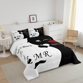 Feelyou Valentine's Day Bedding Set King Size His and Hers Comforter Set for Women Men Black White Comforter Romantic Lover Quilt Set 3Pcs
