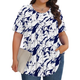 Womens Plus Size Tops Tunic Short Sleeve Crew Neck Shirts Casual Soft Blouse Blue Tie-dye 4X