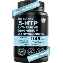 MEDCHOICE 15-in-1 Vegan Supplement – 5HTP 200mg Capsules with L-Theanine, Magnesium, Ashwagandha, GABA, St. John's Wort, and L-Tryptophan – 1145mg (90ct)