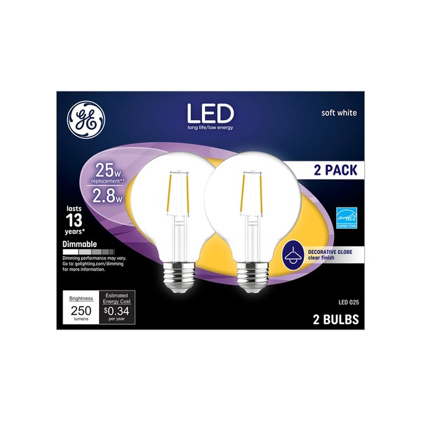 GE LED Light Bulbs, 25 Watt, Soft White, G25 Globe Bulbs, Clear, Medium Base (2 Pack)