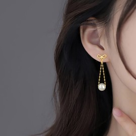 SLUYNZ Sterling Silver Pearls Dangle Earrings Chain for Women Pearls Drop Earrings Bow Studs (B-Gold)