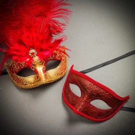 ILOVEMASKS Luxury Gold Red Feather Masquerade Venetian Masks for Party Couple Men & Women - Men