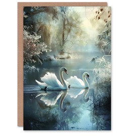 Artery8 Greeting Card Graceful Swans Tranquil Winter Lake Painting Blank For All Him Or Her Art Birthday Card