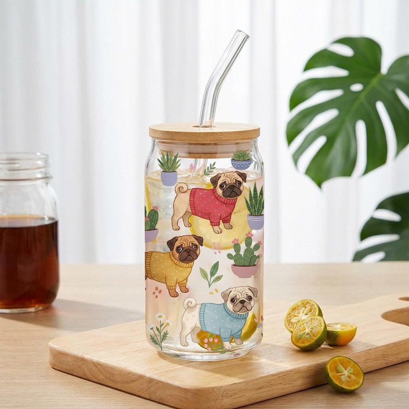 Pug Gift for Women,16 oz Glass Cup with Lids and