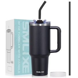 SMLIXE 40 oz Tumbler with Handle and Straw Lid,Insulated Reusable Stainless Steel Water Bottle Travel Mug，Cupholder Friendly Double Wall Vacuum Sealed Cup (Black)
