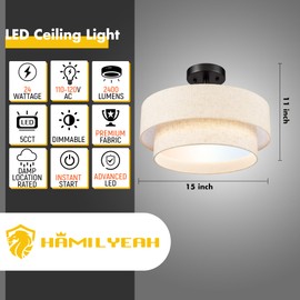 Hamilyeah 18 inch LED Ceiling Light Flush Mount Light Fixture 36W, Modern Kitchen Lighting Fixture Ceiling Mount with Fabric Shade, Dimmable Ceiling Lighting Fixture 5CCT for Bedroom, Bathroom