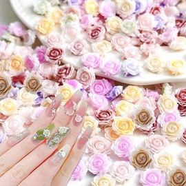 100Pcs Colorful 3D Camellias Rose Flower Nail Art Charms with Nail Pearls Cute Leaves Flower Nail Charms for Acrylic Nails Colorful Nail Flowers for Nails Charms Floral Nail Charm Resin Charms