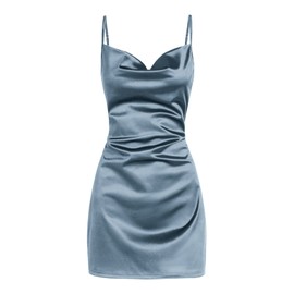ZAFUL Women's Satin Sleeveless Spaghetti Strap Mini Dress Sexy Slip Cowl Neck Silky Cocktail Party Dresses(Blue-F, M)