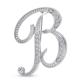 Large Statement ABC Pave Crystal Cursive Script Monogram Letters Alphabet Initial B Scarf Lapel Pin Brooch for Women Silver Plated