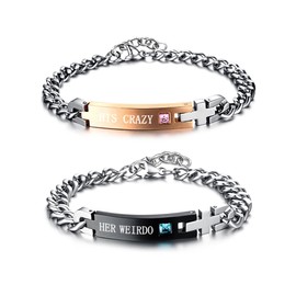 seensea Couples Matching Set 2 Pieces Link Bracelet Titanium Stainless Steel Chain Wrist Cuff for Valentine's Day Gift Jewelry (HER WEIRDO & HIS CRAZY)