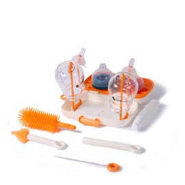 Baby Bottle Brush 7in1 Travel Bottle Cleaner kit with Bottle Brush,Nipple Brush,Straw Cleaner Brush,Soap Dispenser,Bottle Drying Rack,Drainage Tray,Storage Box,Baby Travel Essential (White)