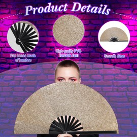 Ripeng 13 Glitter Large Rave Folding Hand Fan Clack Rave Fan for Women with Leg Strap and Fabric Case Bag for Dance, Edm (Champagne Gold)