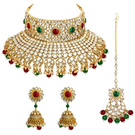 Aheli Ethnic Kundan Pearl Bridal Choker Necklace Earrings with Maang Tikka for Women Girls Indian Traditional Bollywood Fashion Jewelry Set (Maroon-Green)