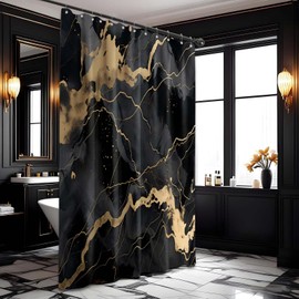 LanZanthic Black and Gold Shower Curtains for Bathroom Marble Abstract Modern Wet Room Shower Curtain, Washable, Waterproof, Cloth Fabric, 180 x 180 cm