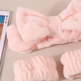 Cute Face Washing Headband & Wristband Set Shower Pink 4ea