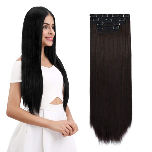 REECHO 18" Straight Long 4 PCS Set Thick Clip in on Hair Extensions Dark Brown with Little Reddish