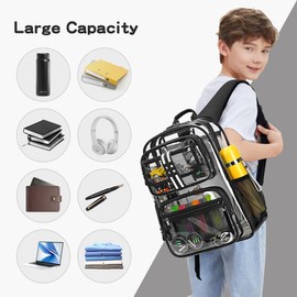 Cusangel Clear Large Backpack for kids,16in Heavy Duty Clear BookBag,TPU Large Capacity Black See Through Backpack for Stadiums,Concerts,Plastic transparente para mujer for 8Age+