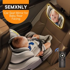 Semxnly Baby Car Mirror with Light - Rechargeable Baby Mirror for Car with Remote Control, Clear Vision, 360° Rotation Rear Facing Car Seat Mirror, Shock and Shatter Resistant