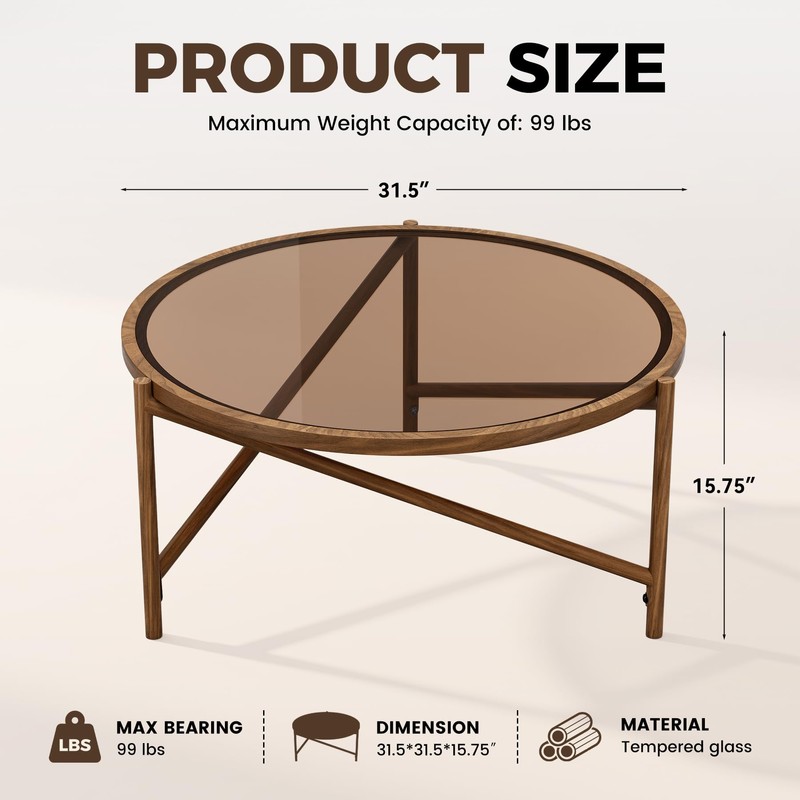 Round Coffee Table, 31.5" Glass Top Center Table Metal Frame,