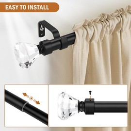 Knobelite Black 1 Pack Window Treatment Single Curtain Rod, Adjustable Drapery Rod Set from 48 to 86 Inches with Crystal Finial Finials(4-7.2ft), 1-Inch Diameter Curtain Rods for Windows