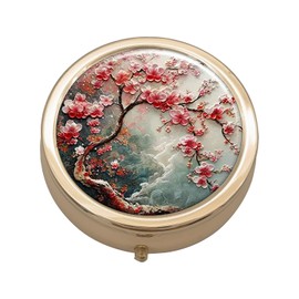 Pill Case Pill Box,3 Compartment Small Pill Organizer for Purse or Pocket Golden Small Roud Pill Container Pill Holder Travel Gifts Cherry Blossom