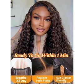Julia Hair Golden Brown Highlight Deep Water Wave 7x5 Bye Bye Knots HD Lace Closure Glueless Wigs Human Hair Pre Plucked Pre Cut Natural Hairline Ready to Go for Beginners 18 Inch